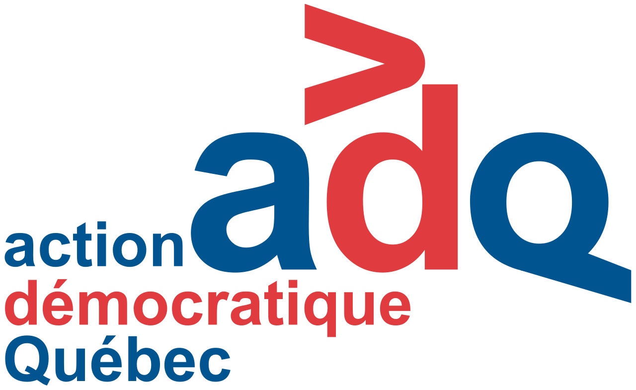 ADQ logo with the letters “a” and “q” in blue and the letter “d” in red, topped by a red arrow pointing to the right. Bottom left: “action” (in blue), “democratic” (in red), and “Quebec” (in blue).