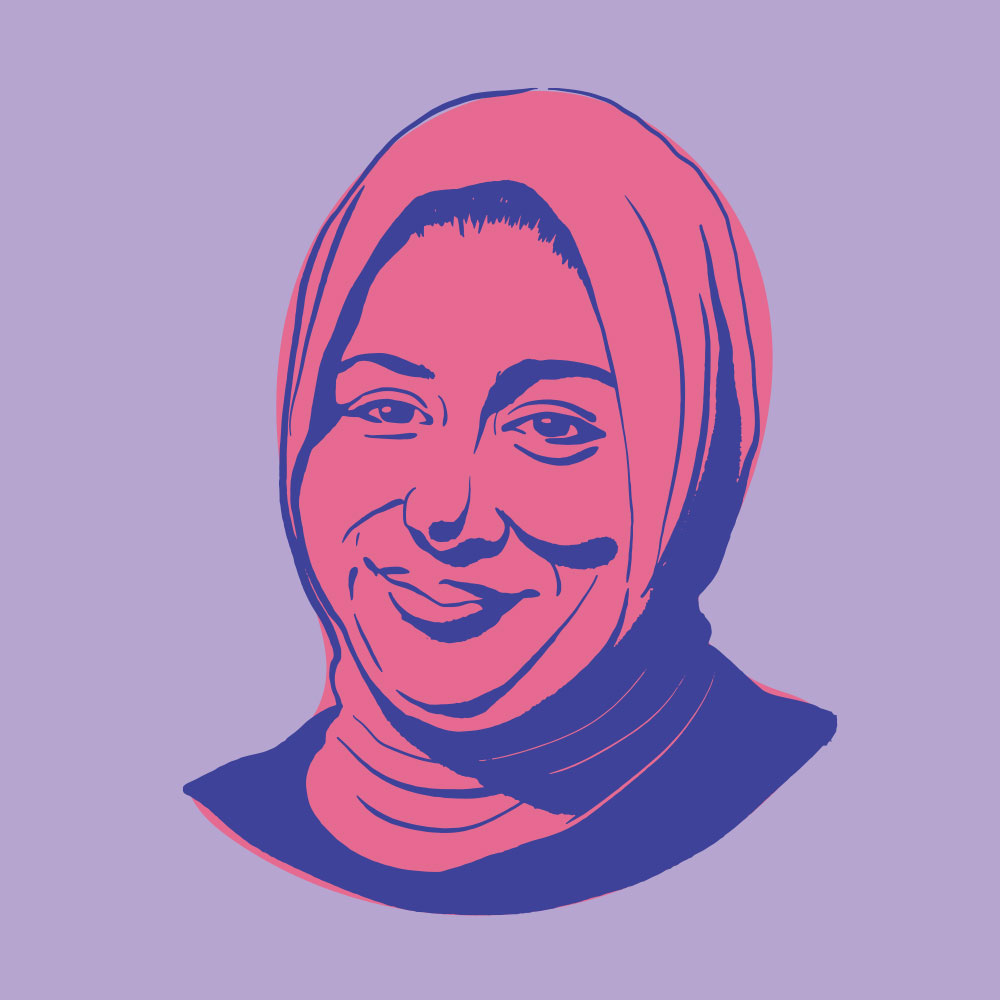 Ausma Malik is illustrated in pink and blue with a purple background.