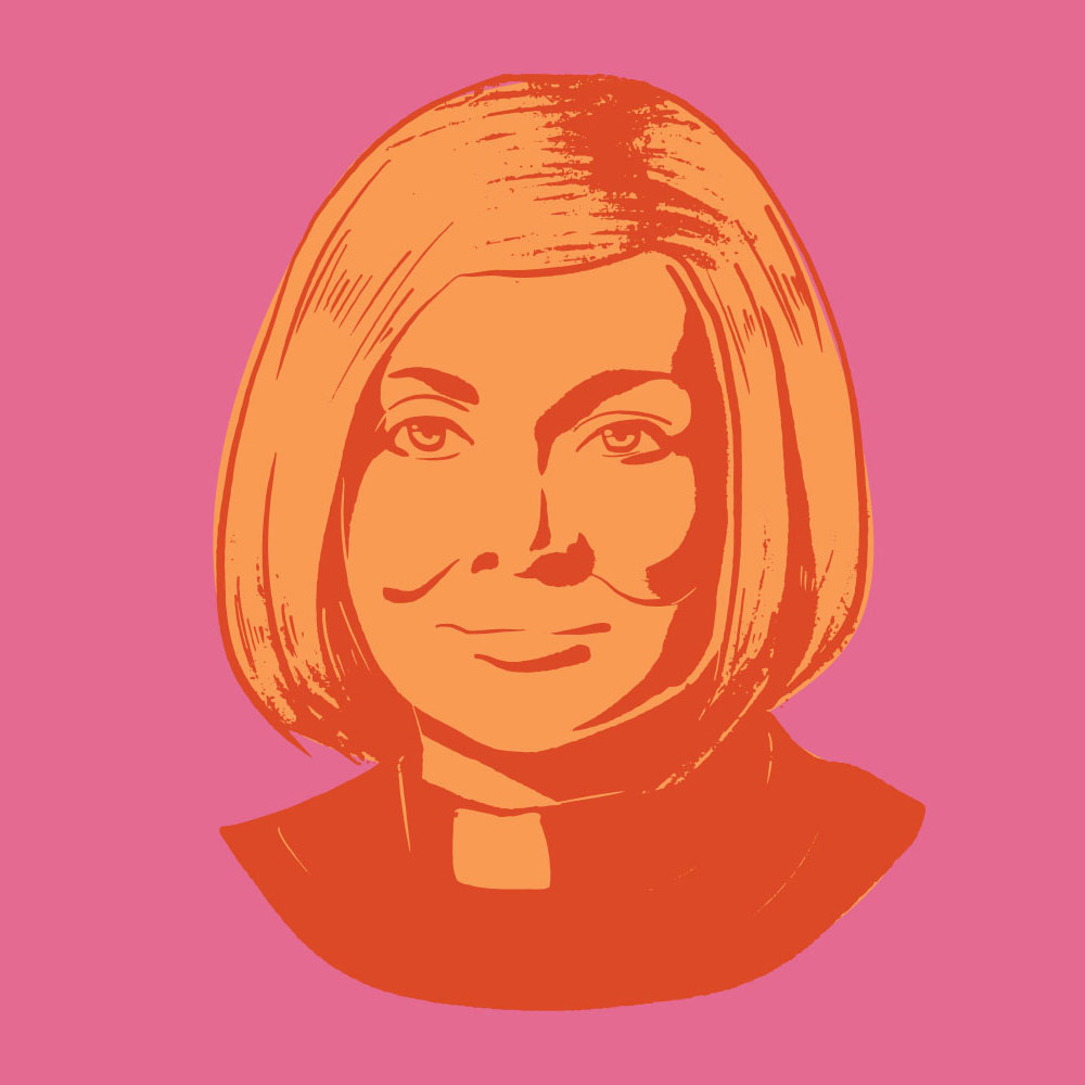 Cheri DiNovo is illustrated in orange with a pink background.