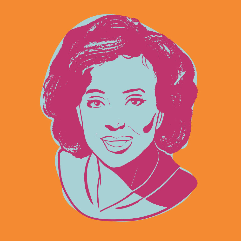 Rosemary Sadlier is illustrated in dark pink on an orange background.