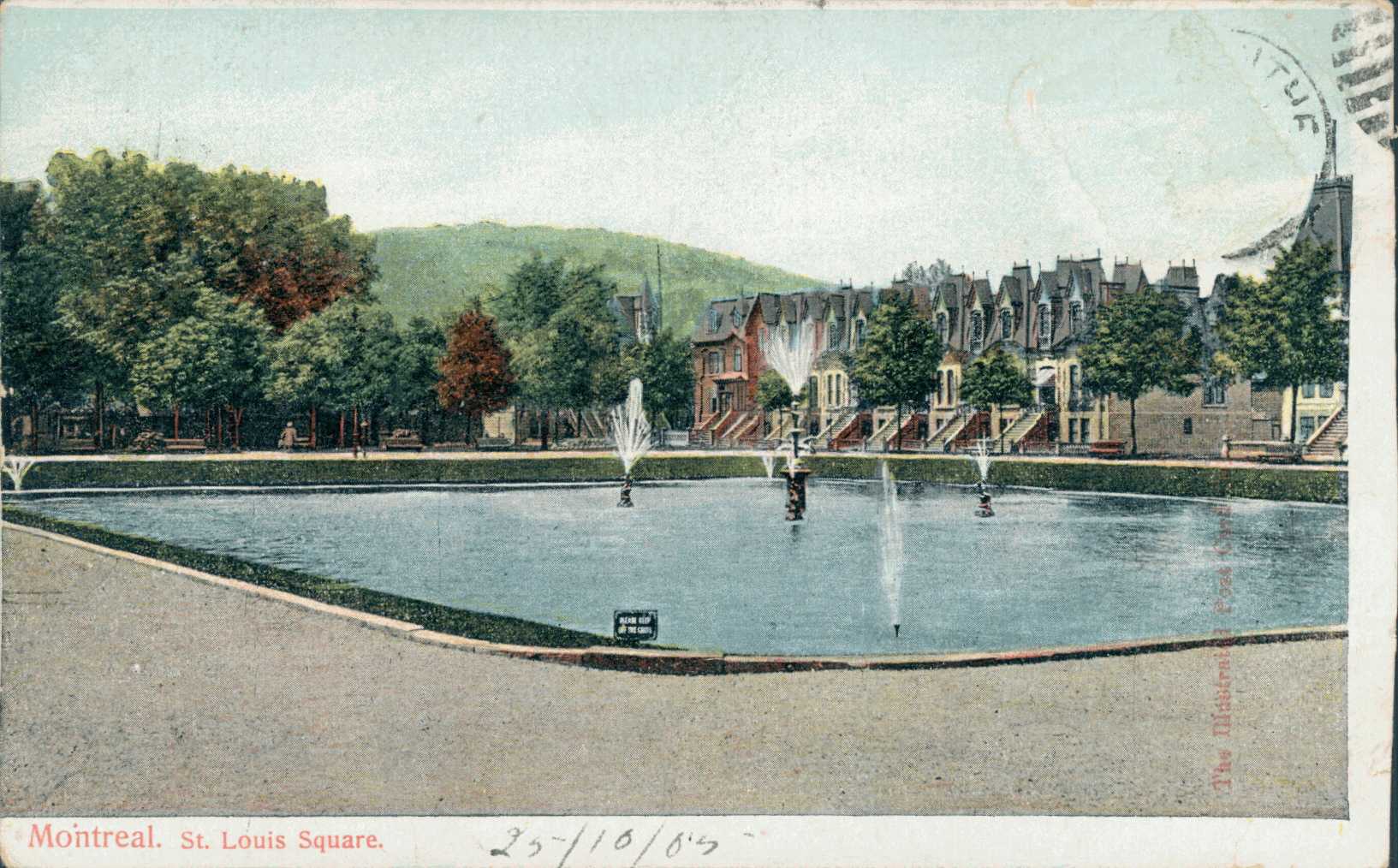 A postcard drawing of a park with a large pond. There are houses and the Mount-Royal in the background.