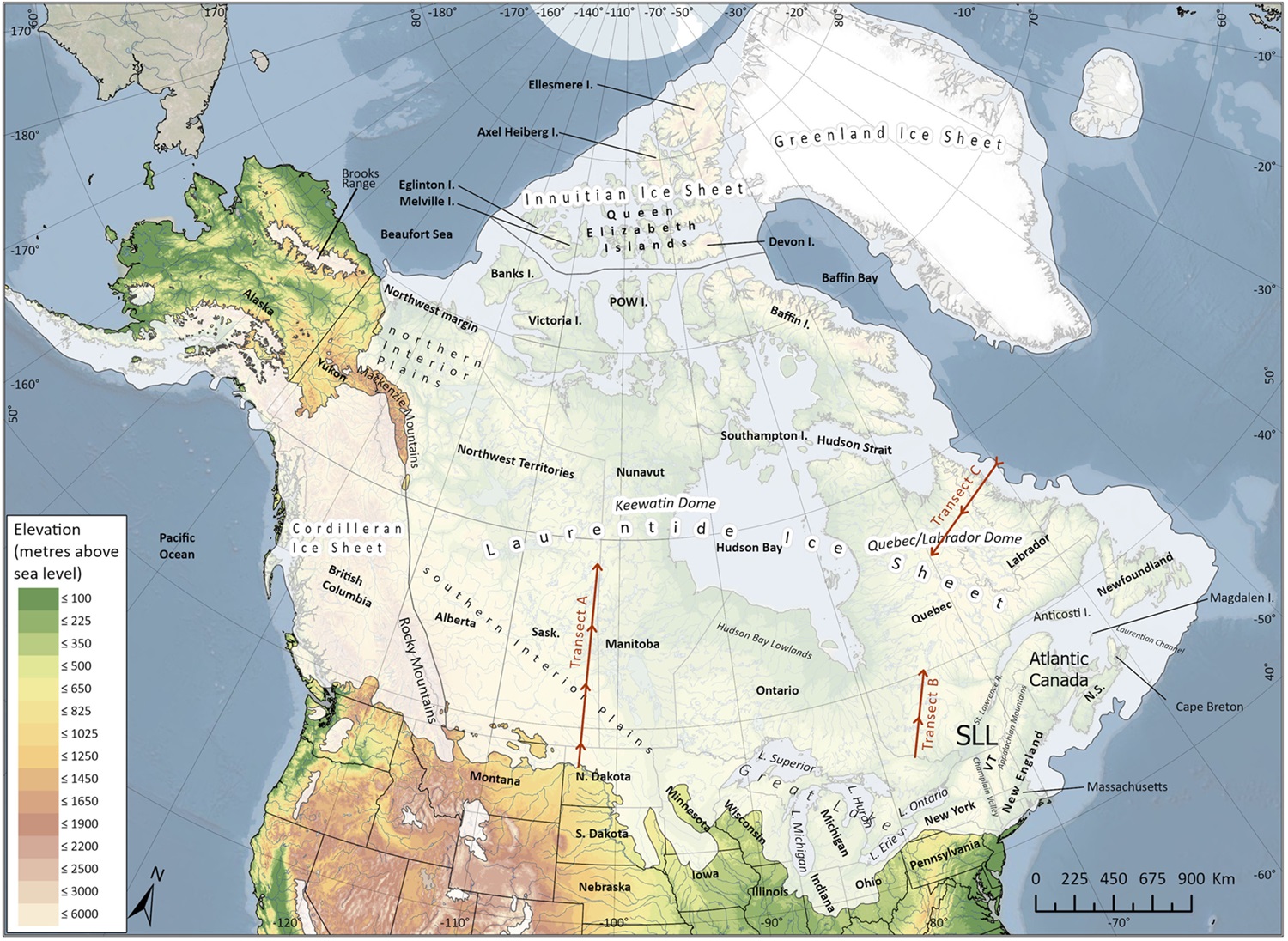 Map of the Laurentide ice sheet over North America.