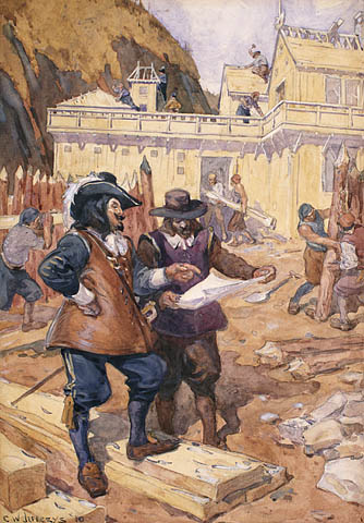 Samuel de Champlain supervises the building of his habitation of Québec, 1608