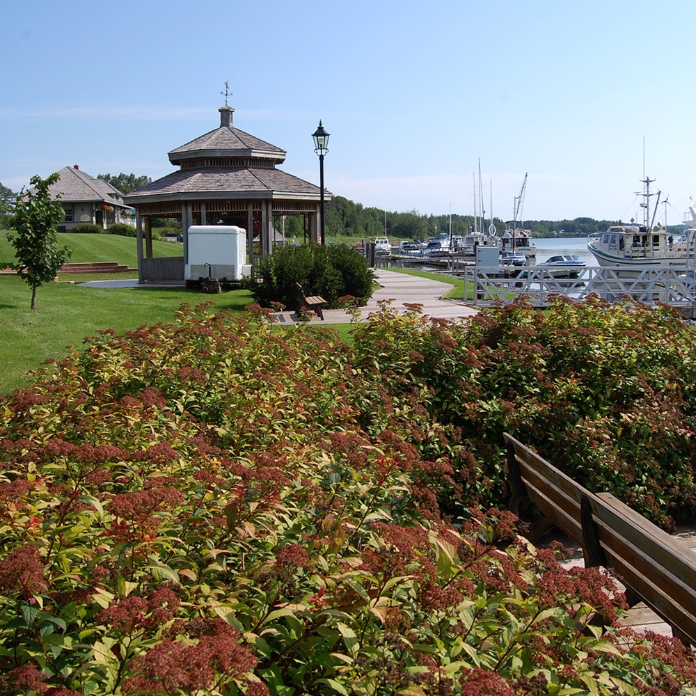 Riverfront Park in Montague, PEI. The old train station is on the left, and a marina is on the right.