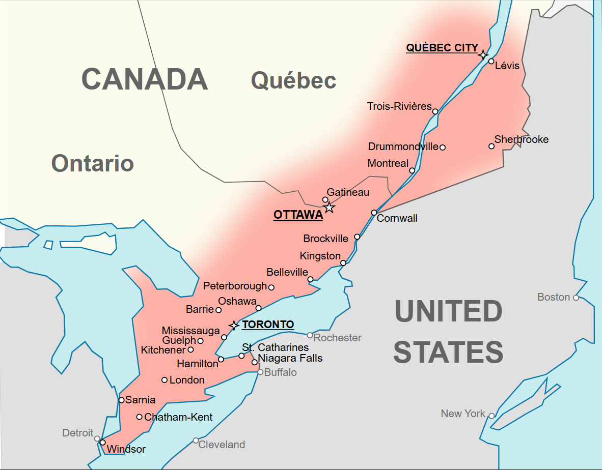 Carte de la région qui délimite le corridor Québec-Windsor.